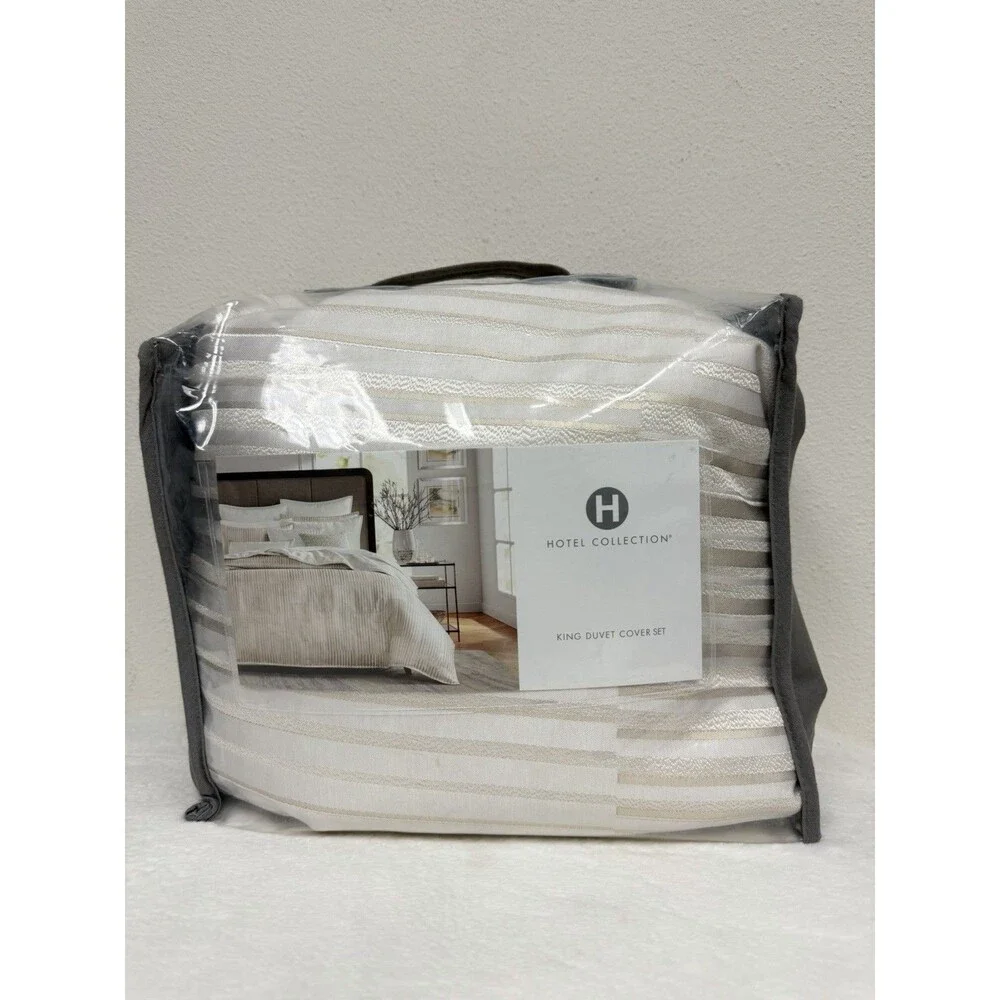 Hotel Collection Metallic Strie KING Duvet Cover & 2 King Shams Ivory / Gold